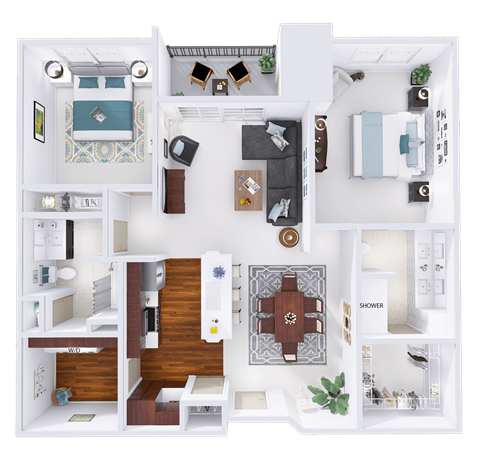 Floor plan for 2 beds, 2 baths, 1229 sqft